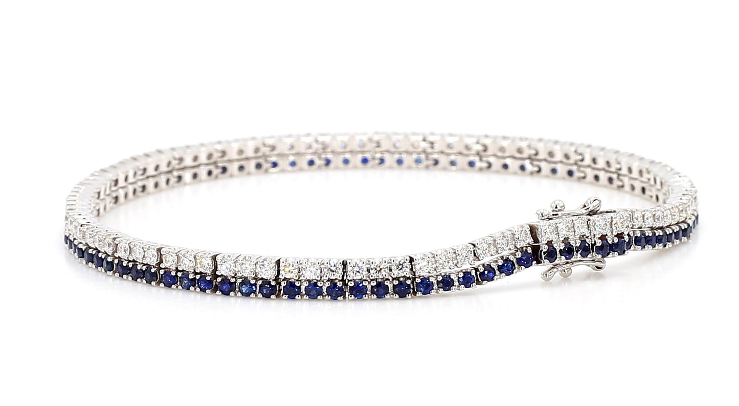 Natural Blue Round Sapphire and White Diamond 3.49 Carat TW Gold Tennis Bracelet