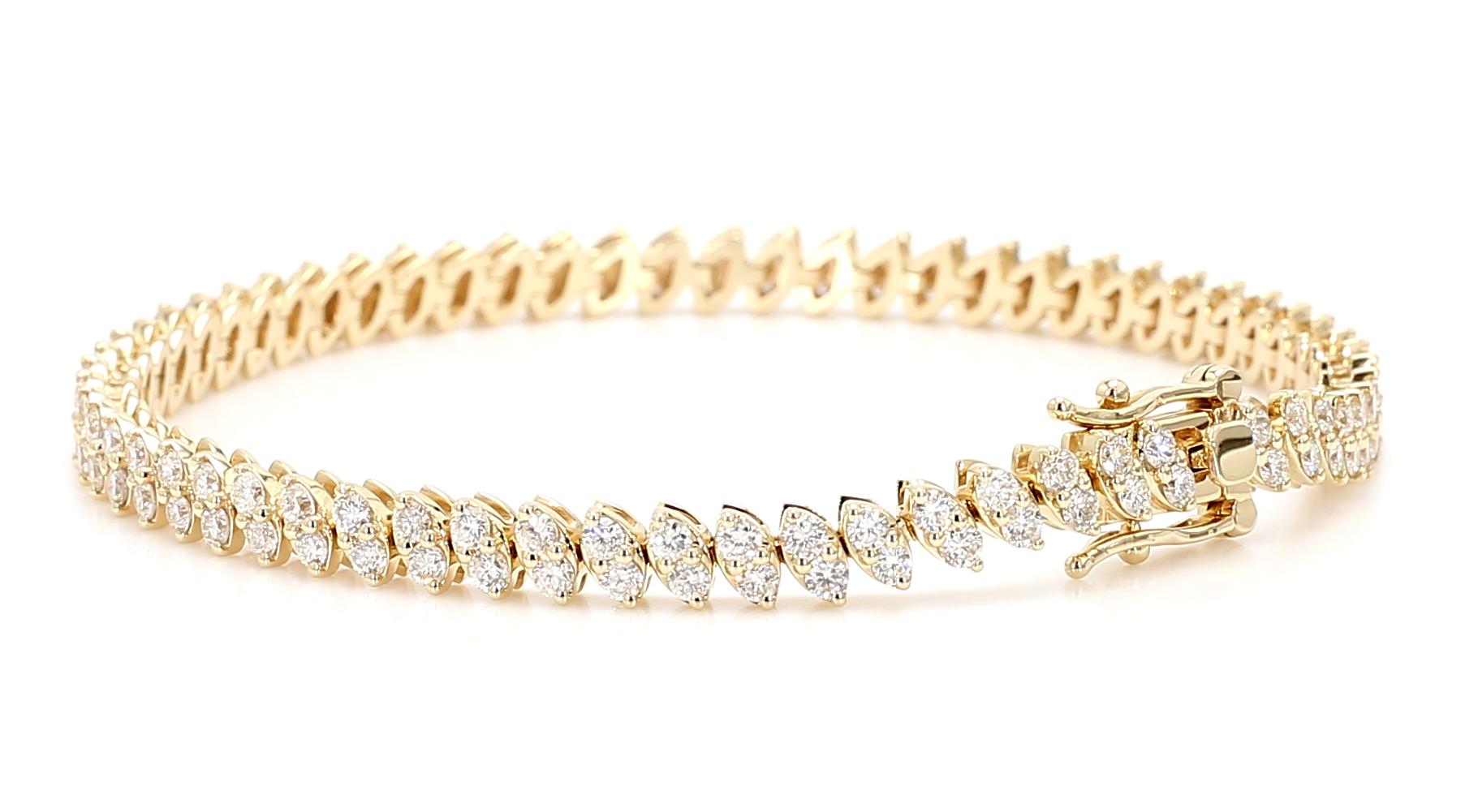 Natural White Round Diamond 3.40 Carat TW Yellow Gold Tennis Bracelet