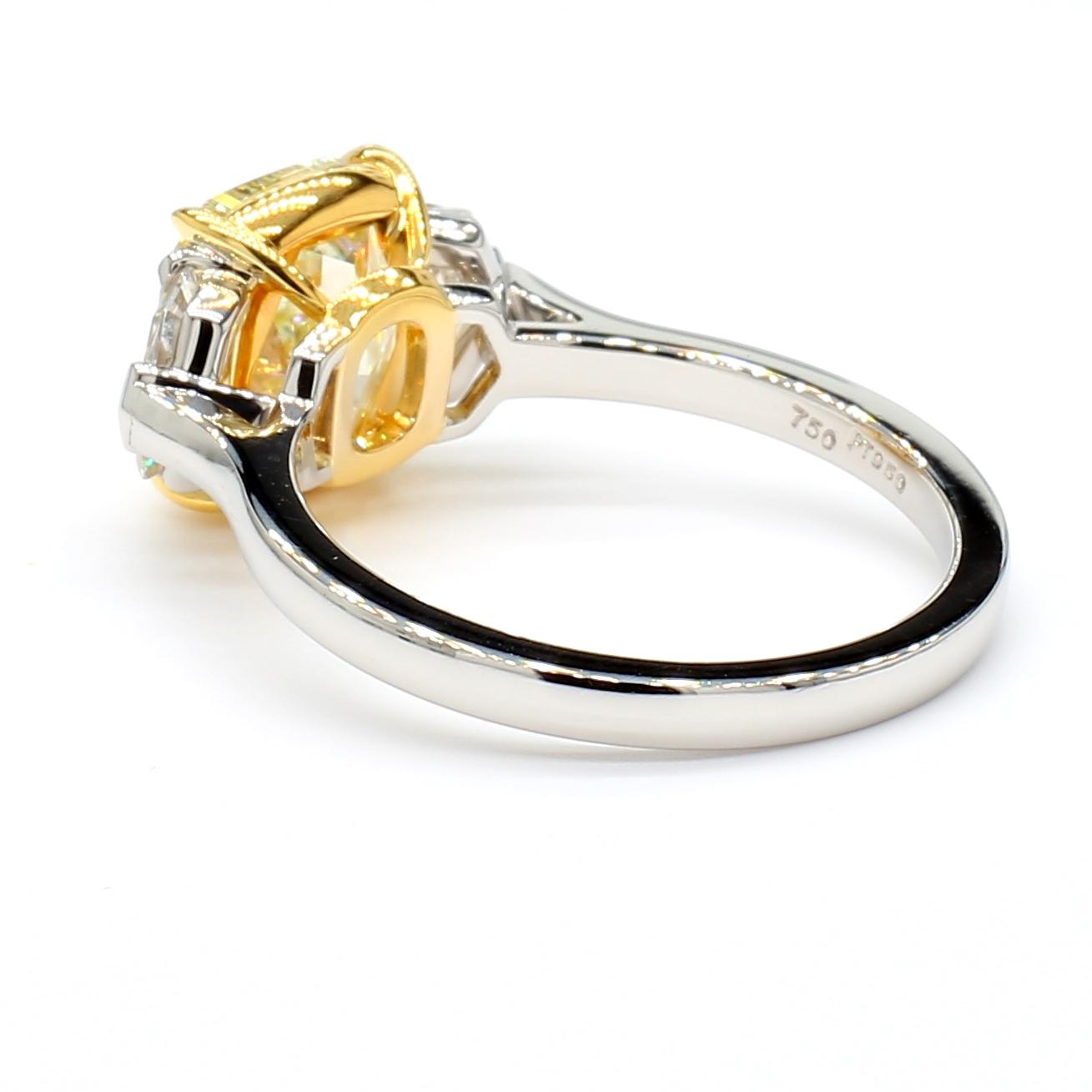 GIA Certified Fancy Light Yellow Cushion Diamond 3.66 Carat TW Platinum Ring
