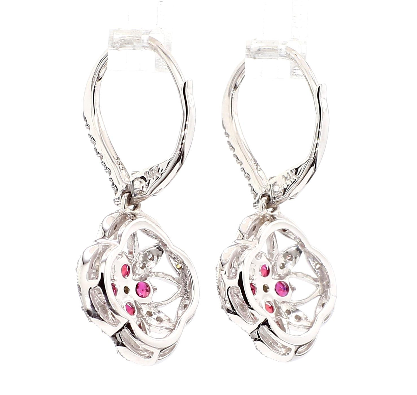 Natural Red Round Ruby and White Diamond 0.79 Carat TW White Gold Drop Earrings