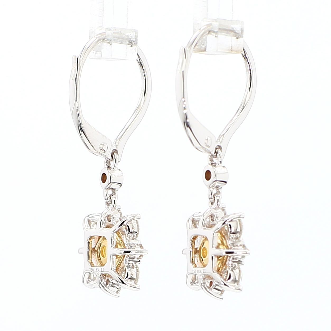 Natural Yellow Cushion Diamond 1.78 Carat TW Gold Drop Earrings