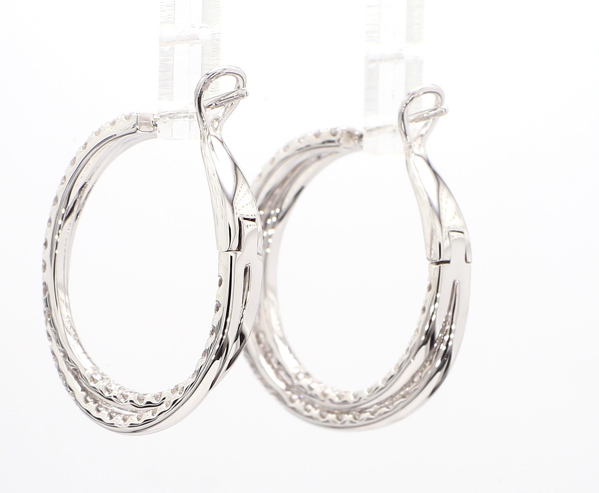 Natural White Round Diamond 2.70 Carat TW White Gold Hoop Earrings