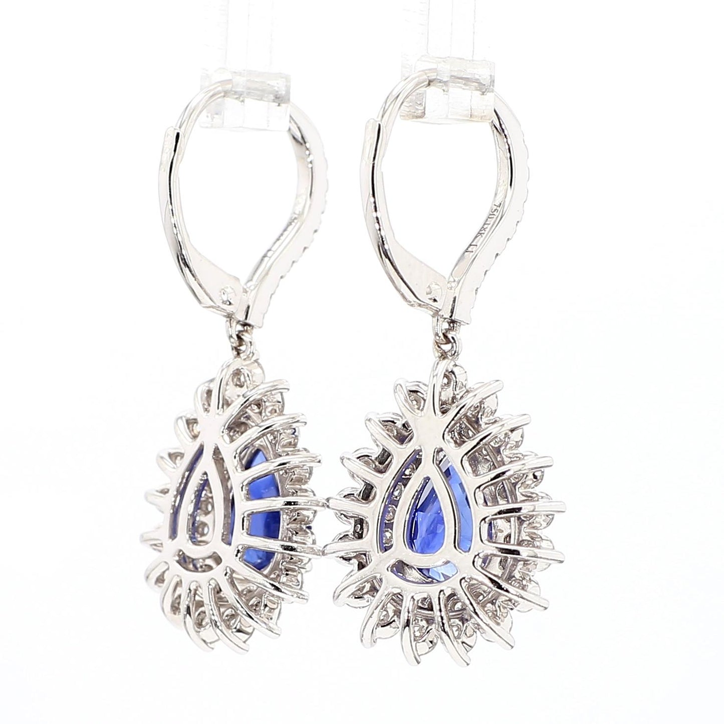 Natural Blue Pear Sapphire and White Diamond 4.40 Carat TW Gold Drop Earrings