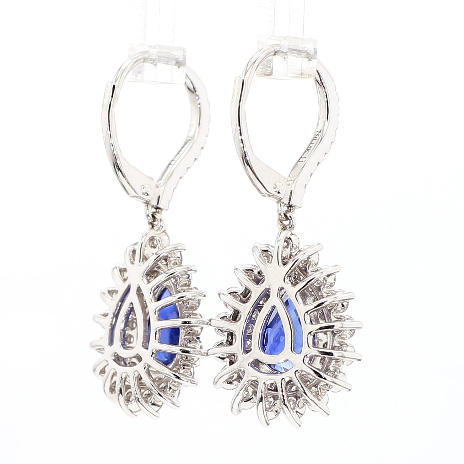 Natural Blue Pear Sapphire and White Diamond 4.40 Carat TW Gold Drop Earrings