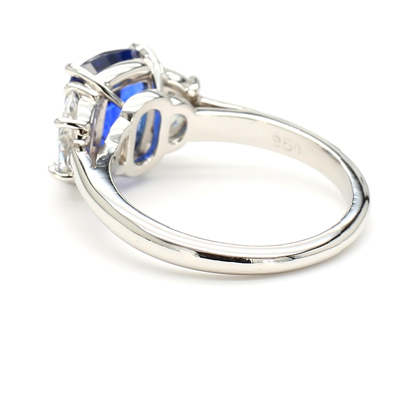 GIA Certified Blue Cushion Sapphire and White Diamond 3.70 Carat TW Plat Ring