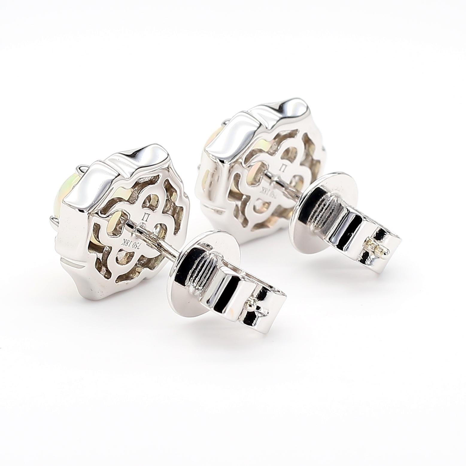 Natural Oval Opal and White Diamond 1.57 Carat TW White Gold Stud Earrings