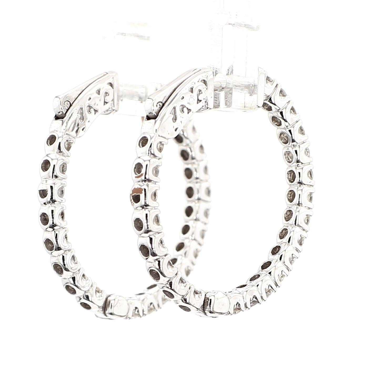 Natural White Round Diamond 1.75 Carat TW White Gold Hoop Earrings