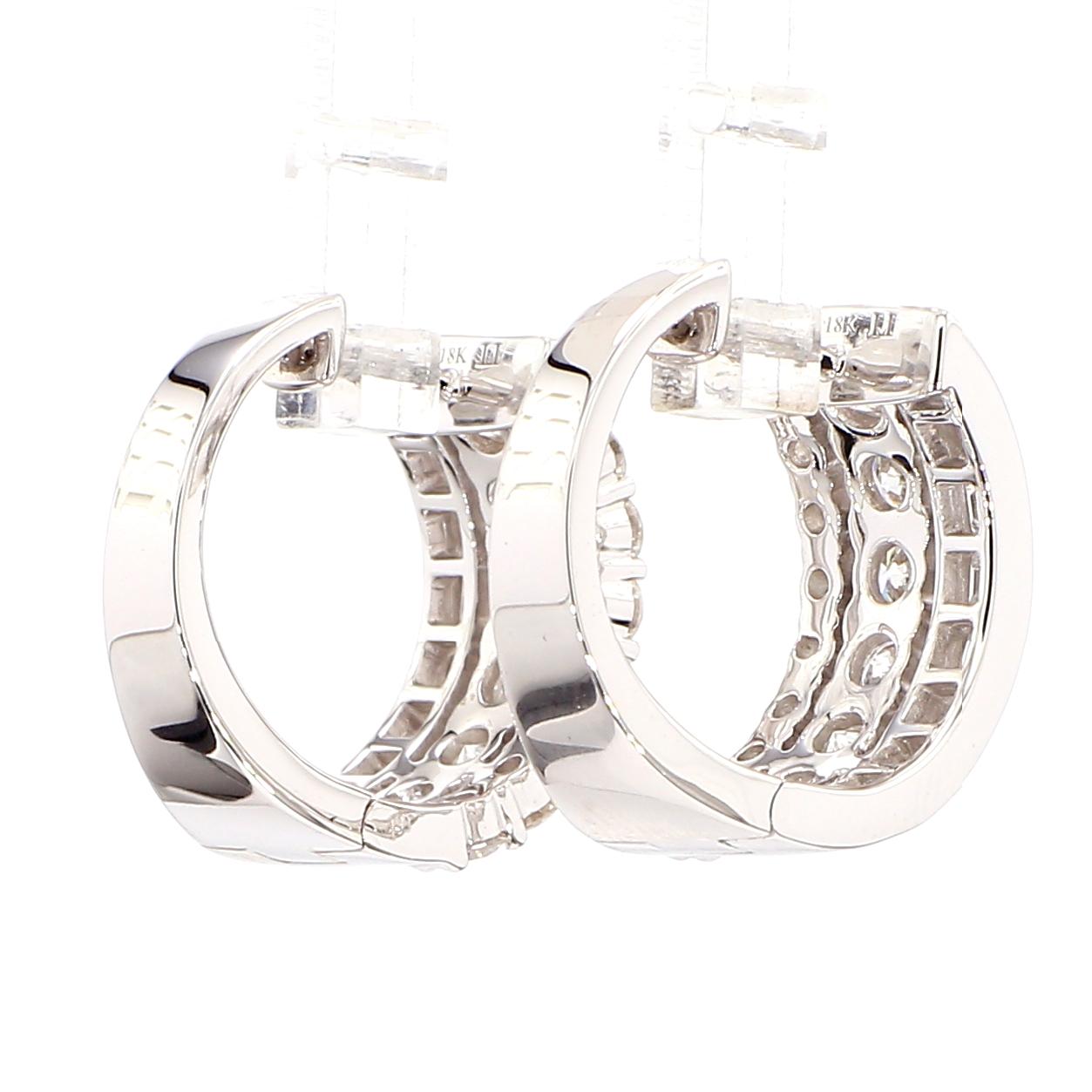 Natural White Baguette Diamond 3.01 Carat TW Gold Hoop Earrings