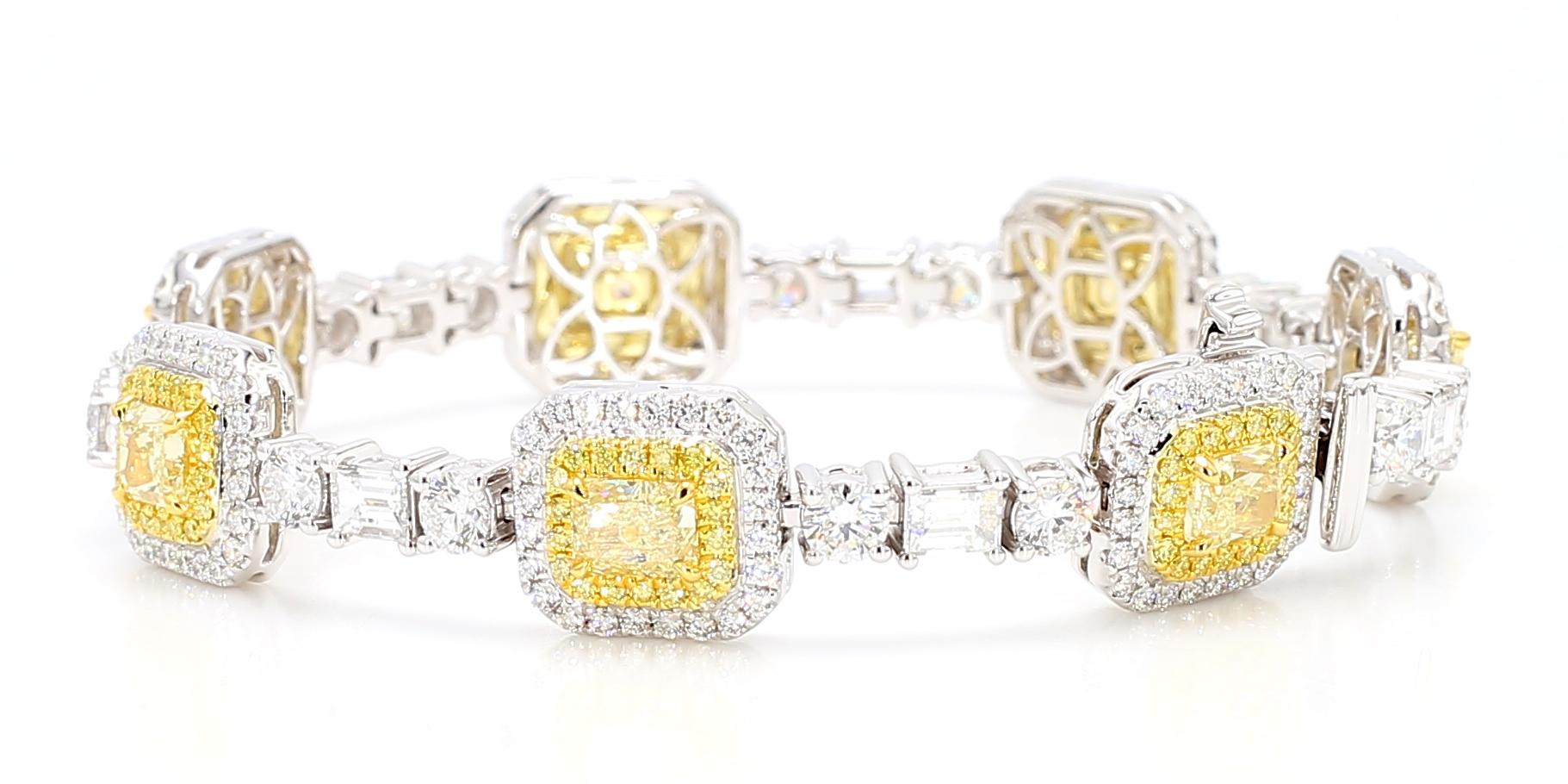 GIA Certified Natural Light Yellow Radiant Diamond 11.21 Carat TW Gold Bracelet