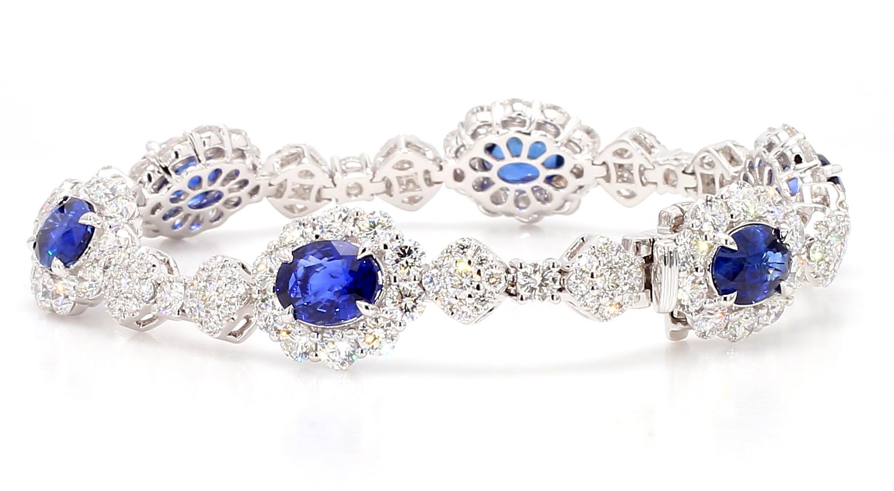 GIA Natural Blue Oval Sapphire and Diamond 21.69 Carat TW Gold Bracelet