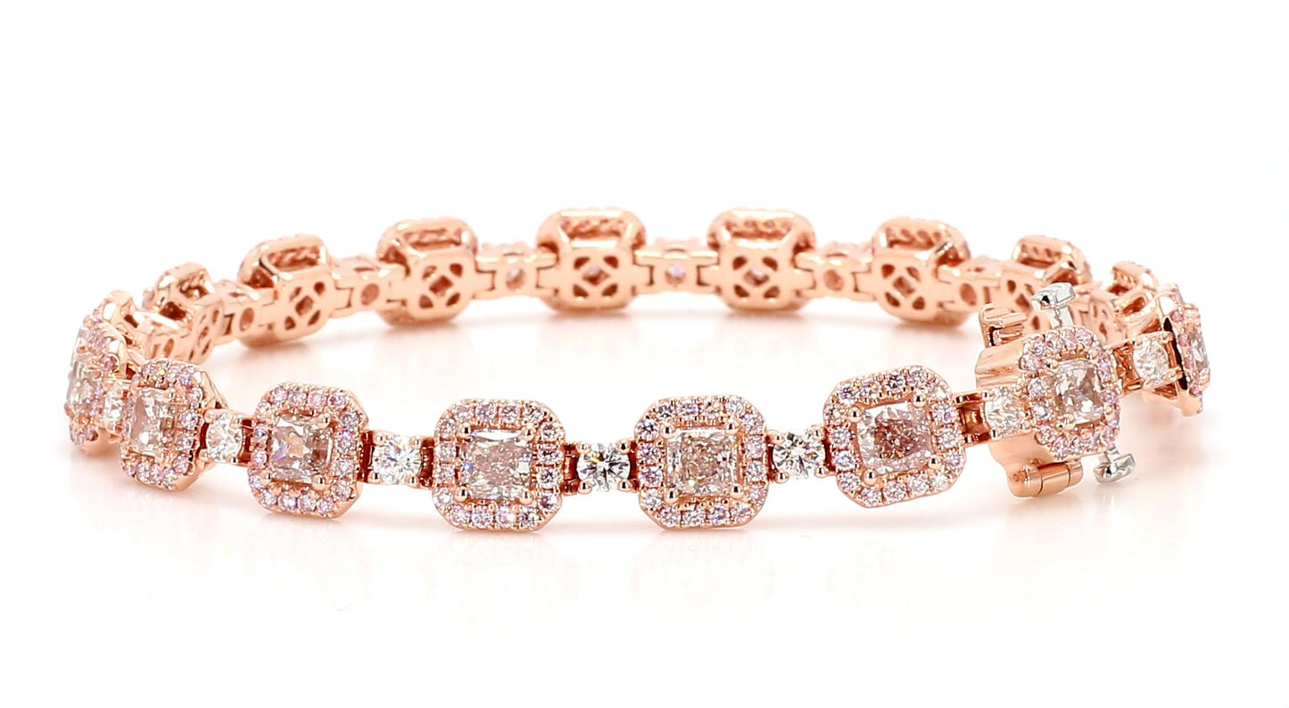 GIA Natural Fancy Light Brown-Pink Cushion Diamond 8.89 Carat TW Gold Bracelet