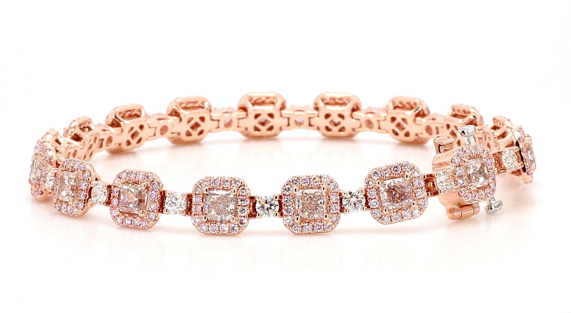 GIA Natural Fancy Light Brown-Pink Cushion Diamond 8.89 Carat TW Gold Bracelet