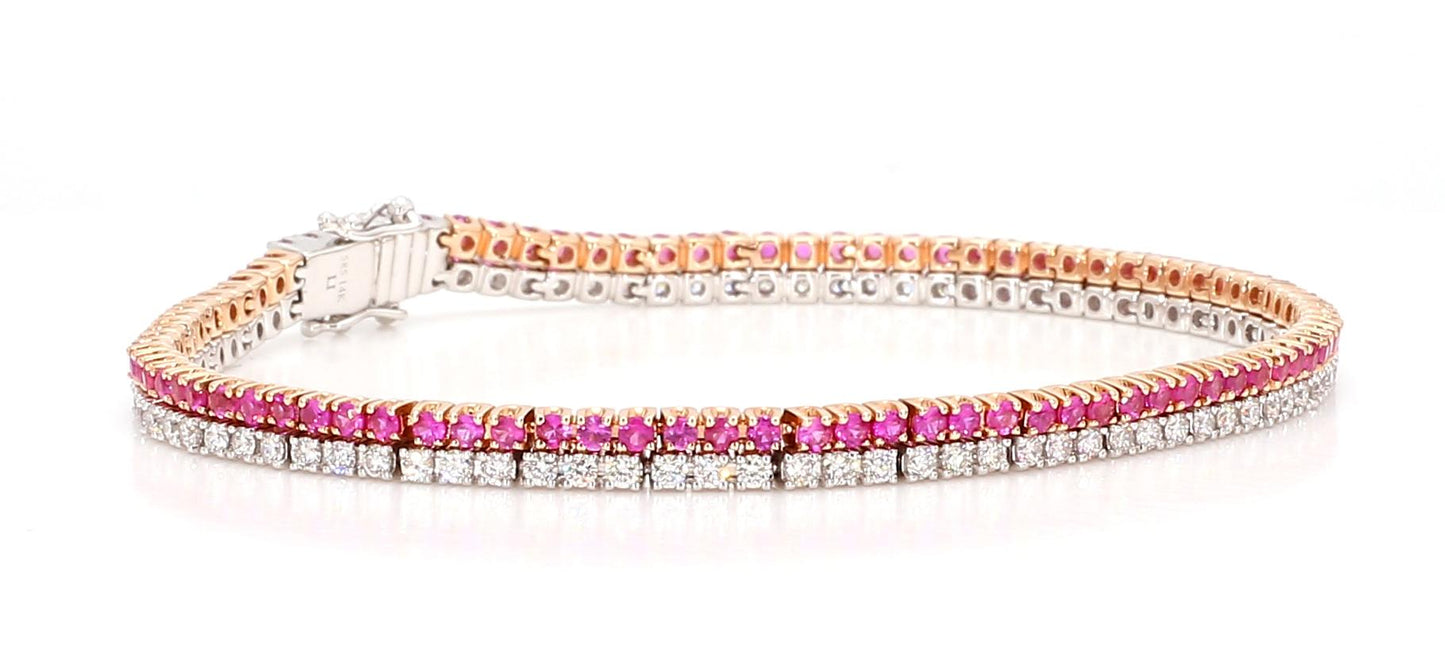 Natural Pink Round Sapphire and White Diamond 3.50 Carat TW Gold Tennis Bracelet