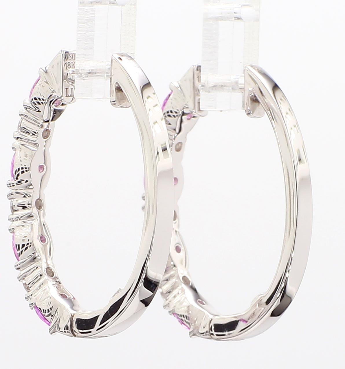 Natural Pink Round Sapphire and White Diamond 2.40 Carat TW Gold Hoop Earrings