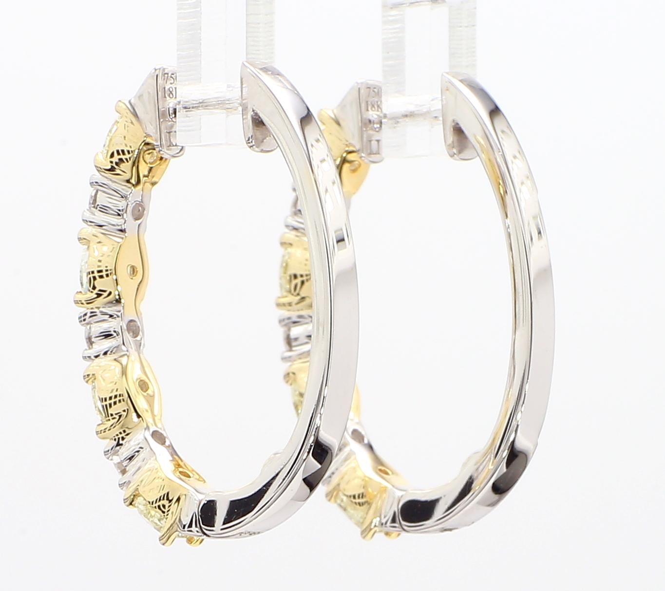 Natural Yellow Oval Diamond 2.40 Carat TW Gold Hoop Earrings