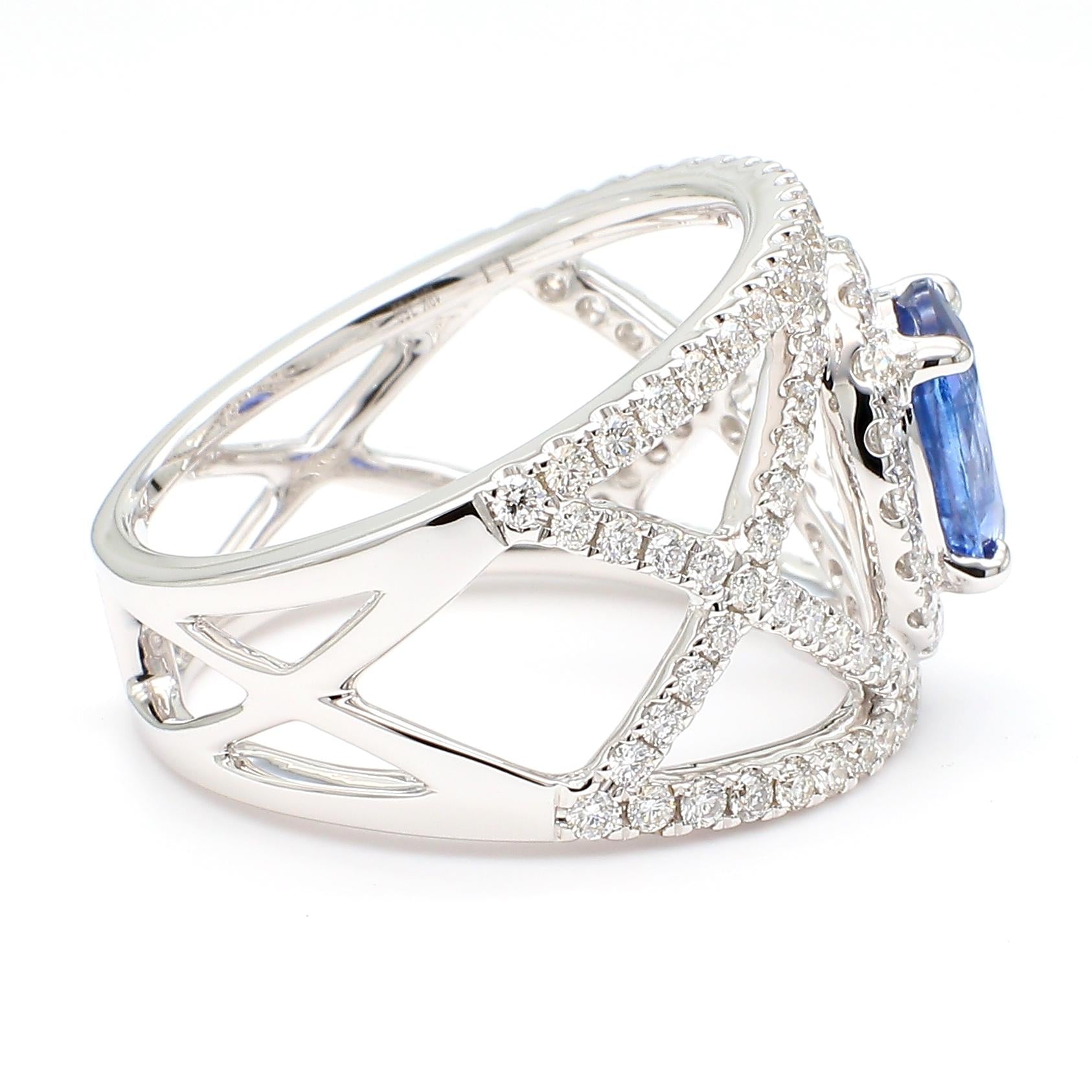 Natural Blue Oval Sapphire and White Diamond 2.47 Carat TW Gold Cocktail Ring