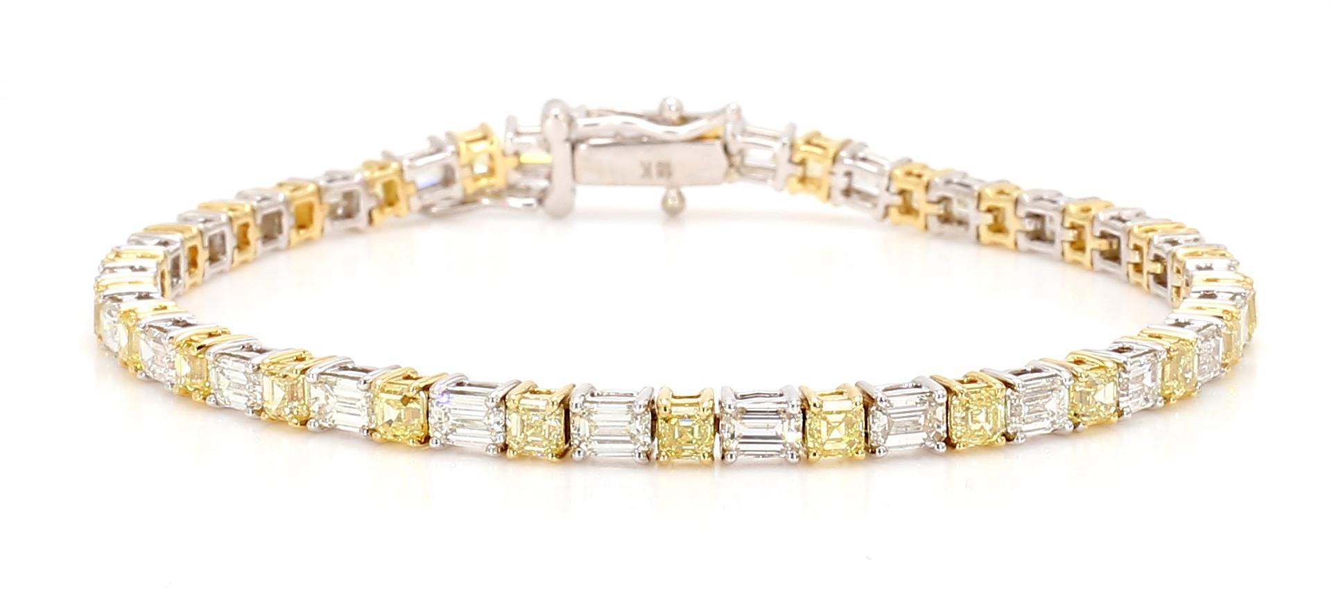 Natural Yellow Asscher Diamond 8.04 Carat TW Gold Tennis Bracelet