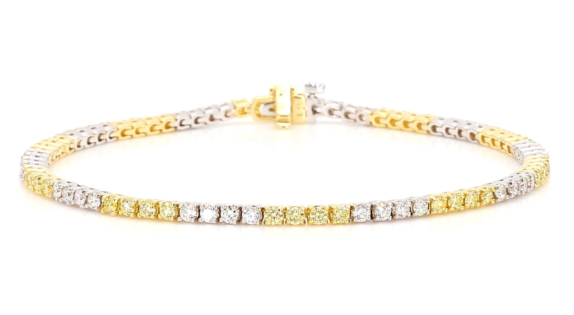 Natural Yellow Round and White Diamond 2.33 Carat TW Gold Tennis Bracelet