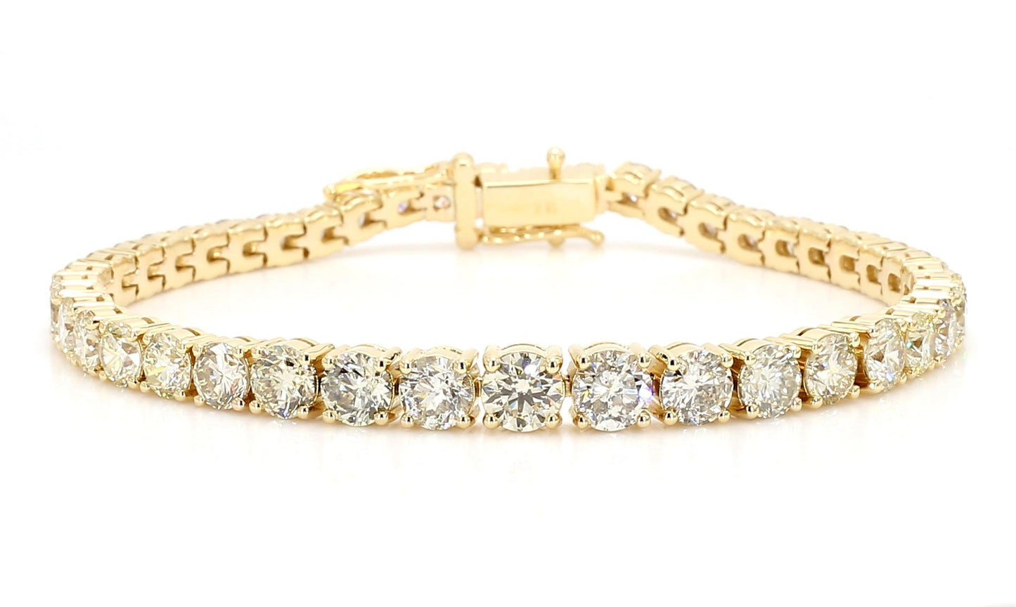 Natural White Round Diamond 10.95 Carat TW Yellow Gold Tennis Bracelet