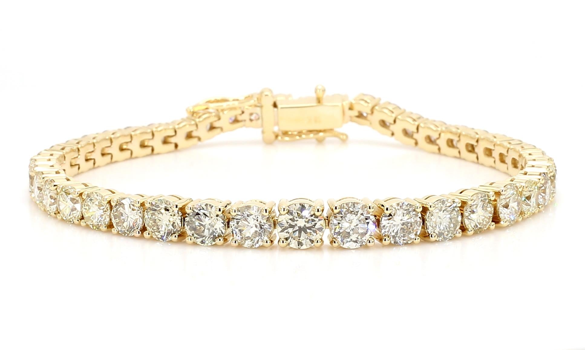 Natural White Round Diamond 10.95 Carat TW Yellow Gold Tennis Bracelet