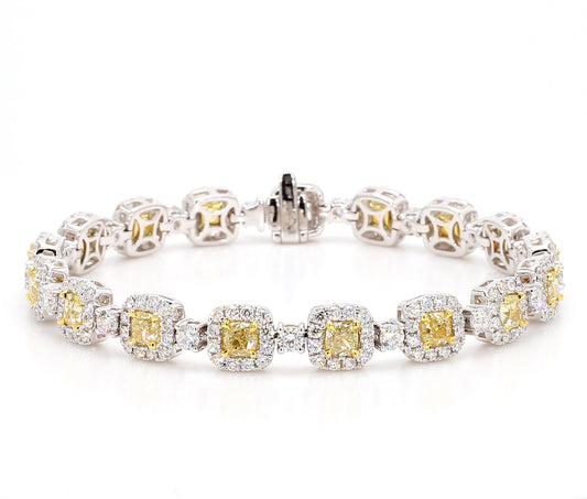 Natural Yellow Cushion Diamond 9.01 Carat TW Gold Tennis Bracelet