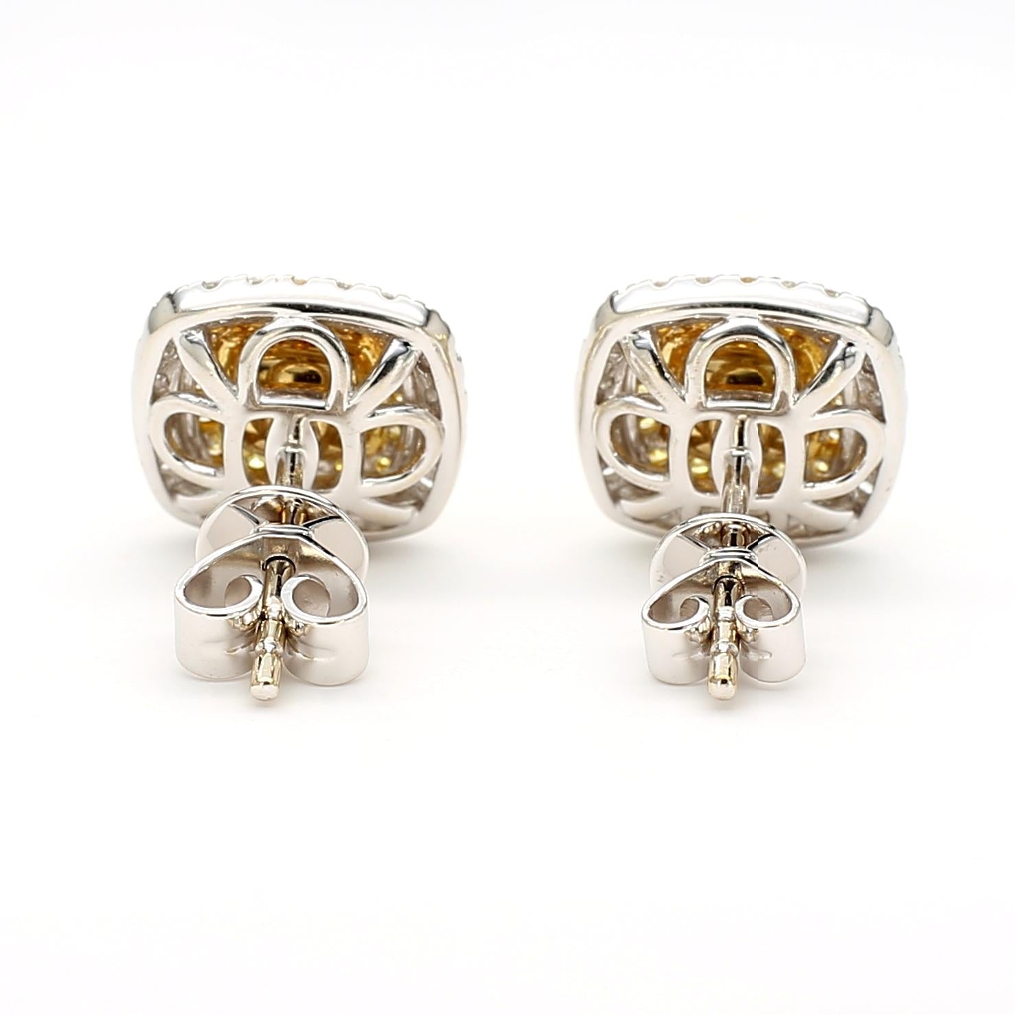 Natural Yellow Cushion Diamond 2.12 Carat TW Gold Stud Earrings