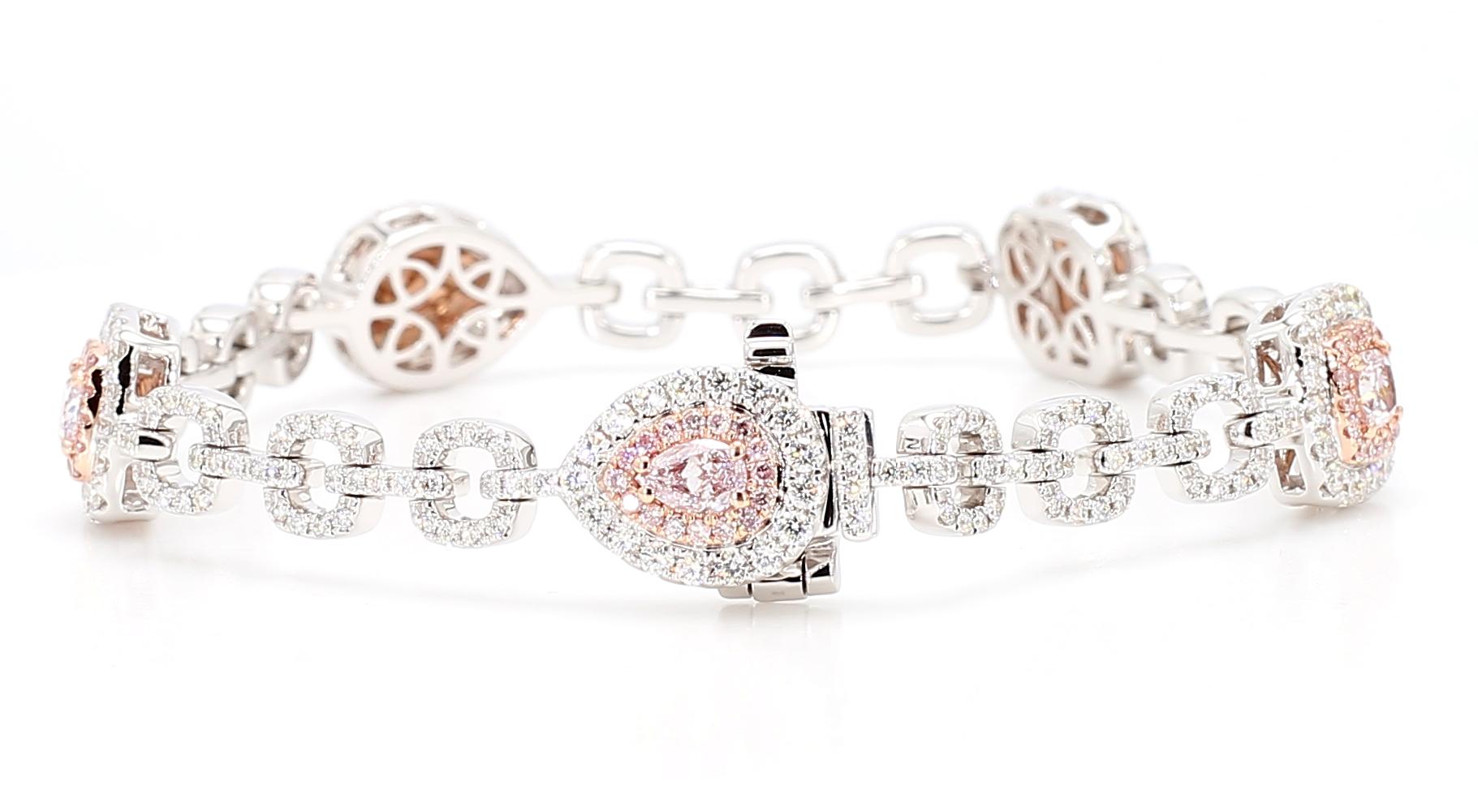 GIA Certified Fancy Pink Diamond 4.13 Carat TW Gold Tennis Bracelet