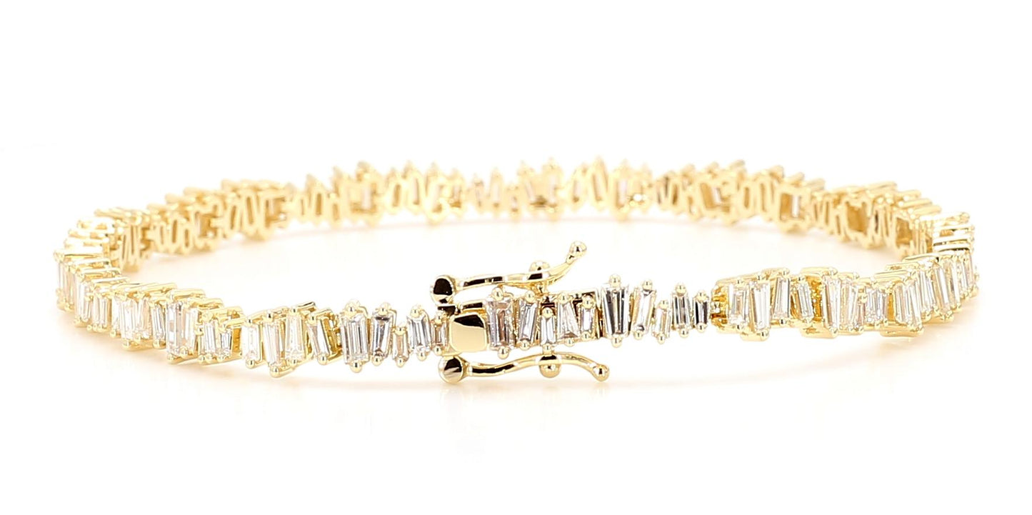 Natural White Baguette Diamond 3.03 Carat TW Yellow Gold Tennis Bracelet
