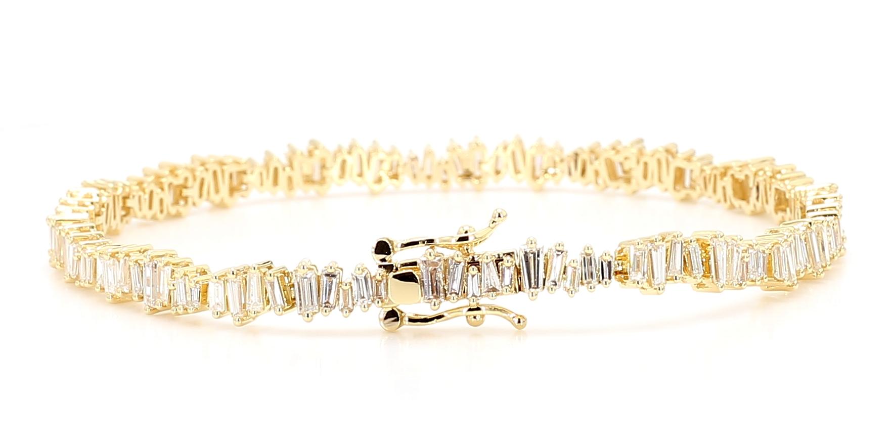 Natural White Baguette Diamond 3.03 Carat TW Yellow Gold Tennis Bracelet