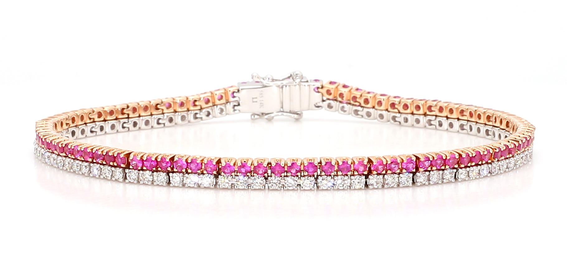 Natural Pink Round Sapphire and White Diamond 3.50 Carat TW Gold Tennis Bracelet