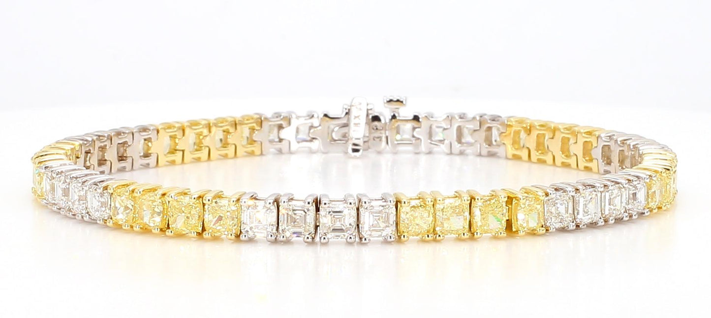 Natural Yellow Cushion and White Diamond 11.54 Carat TW Gold Tennis Bracelet