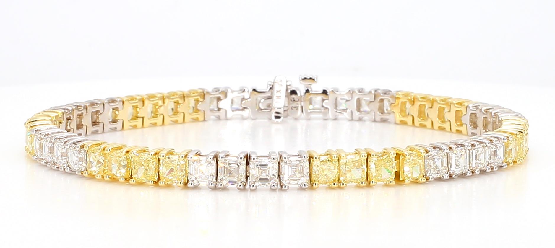 Natural Yellow Cushion and White Diamond 11.54 Carat TW Gold Tennis Bracelet