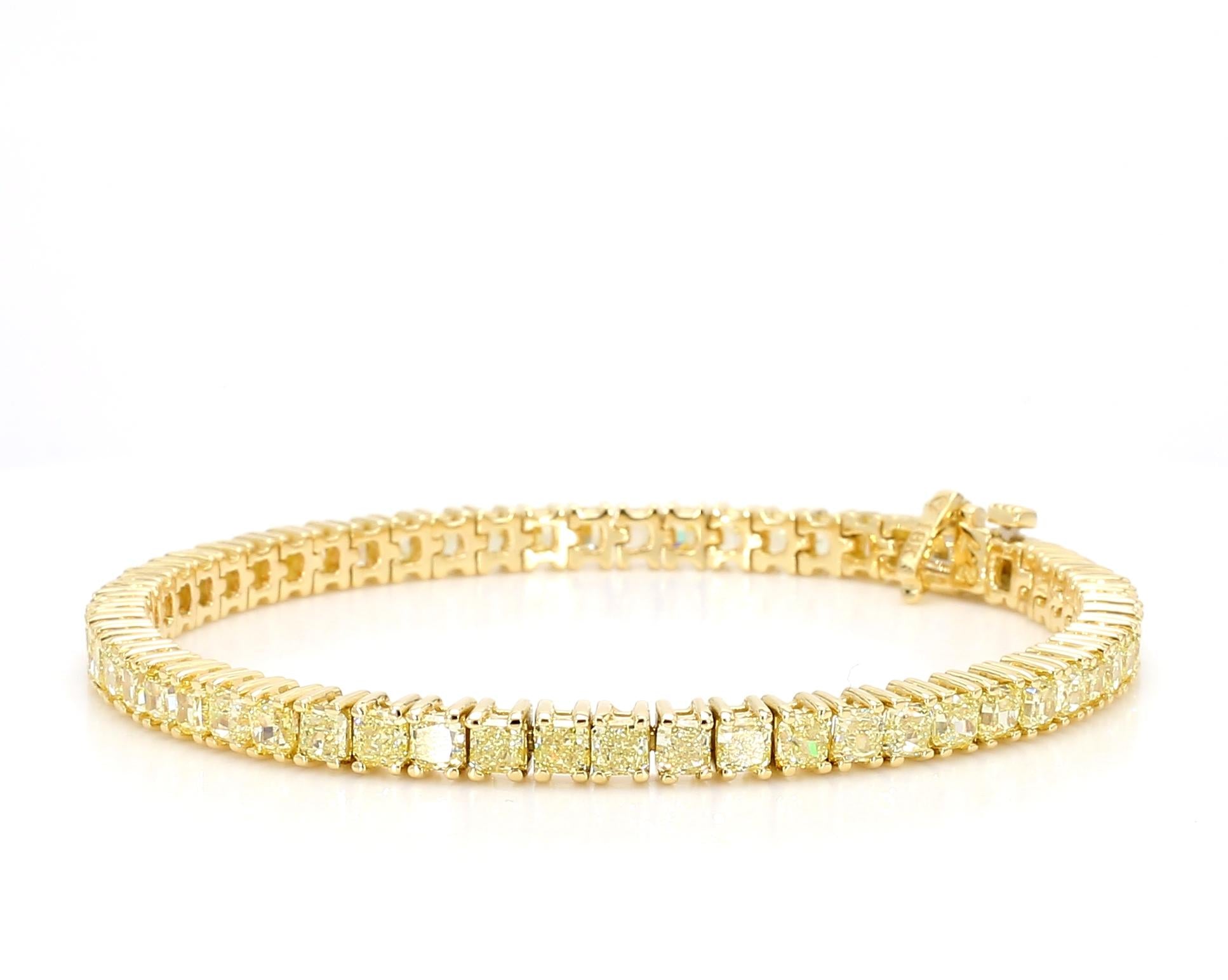 Natural Yellow Radiant Cut Diamond 8.15 Carat TW Gold Tennis Bracelet