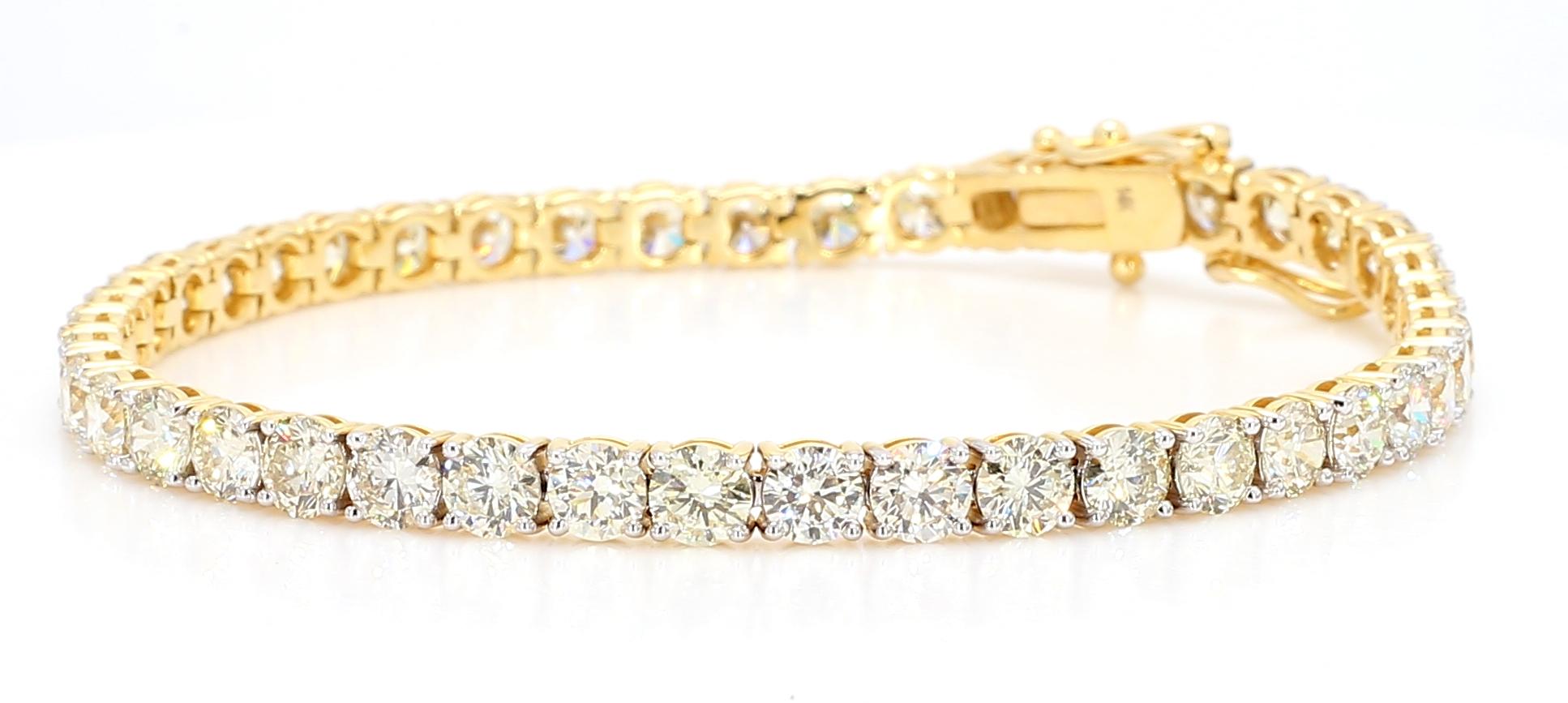 Natural White Round Diamond 10.62 Carat TW Yellow Gold Tennis Bracelet