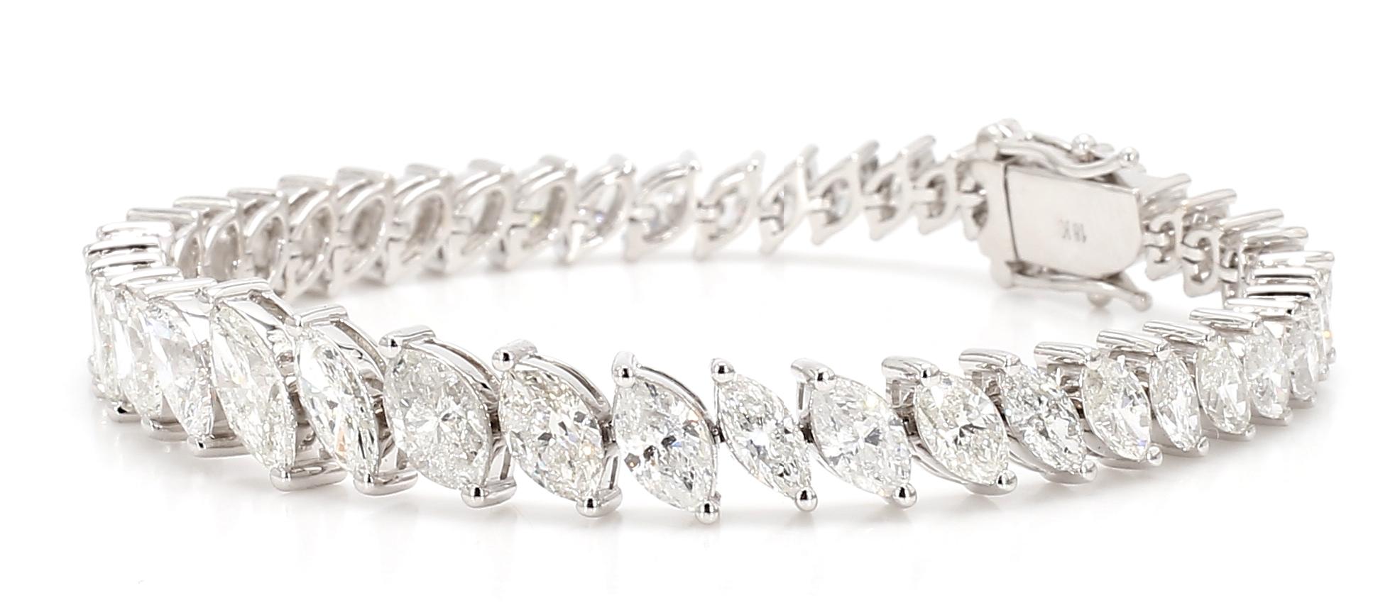 Natural White Marquise Diamond 13.55 Carat TW White Gold Tennis Bracelet