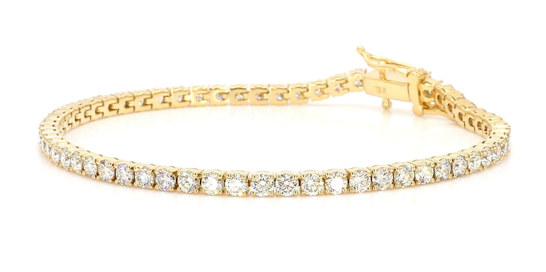 Natural White Round Diamond 4.98 Carat TW Yellow Gold Tennis Bracelet