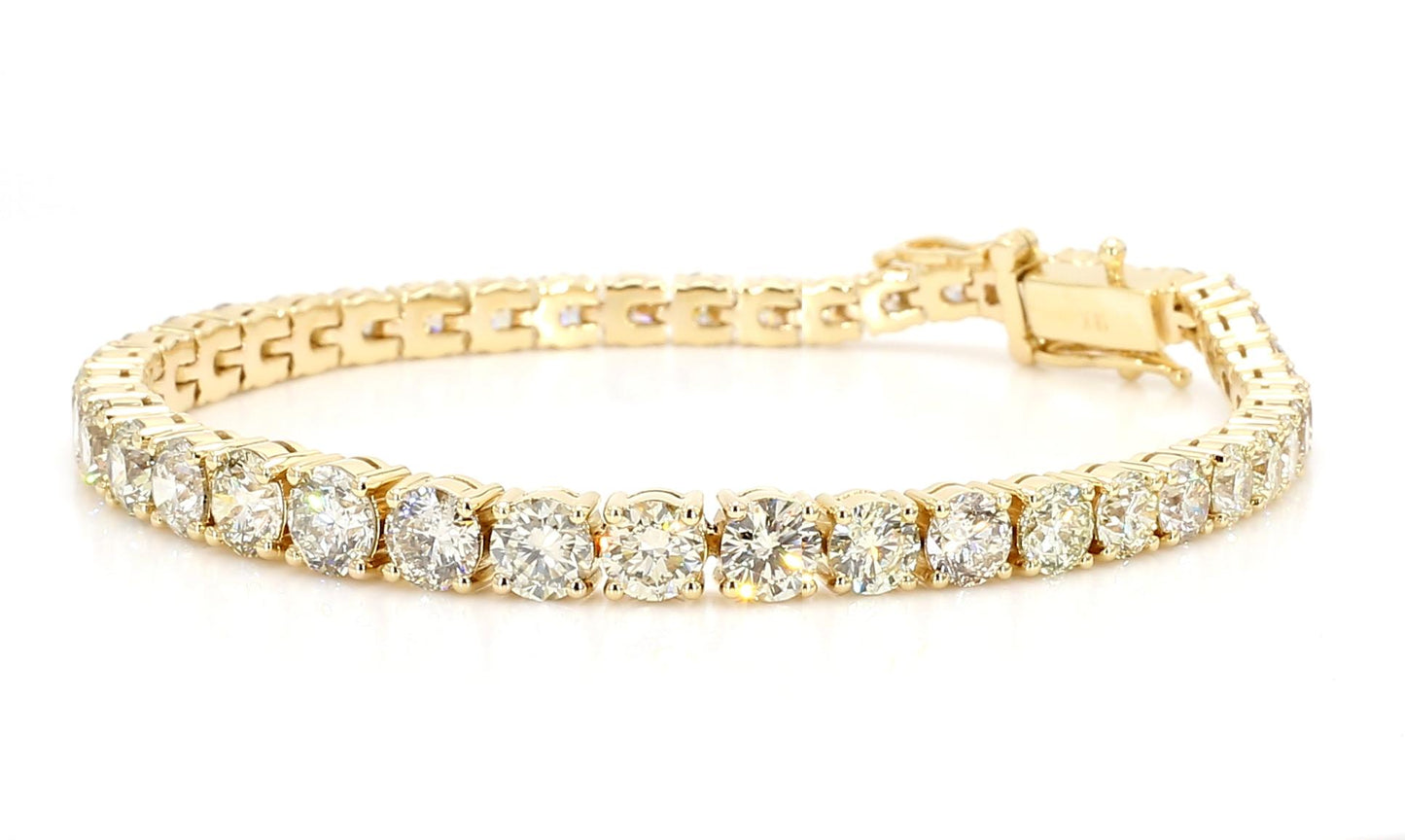 Natural White Round Diamond 10.95 Carat TW Yellow Gold Tennis Bracelet