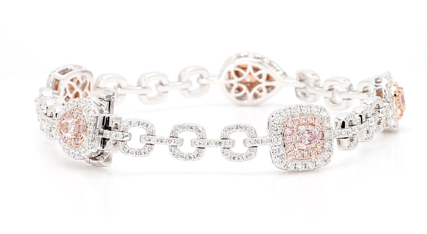 GIA Certified Fancy Pink Diamond 4.13 Carat TW Gold Tennis Bracelet