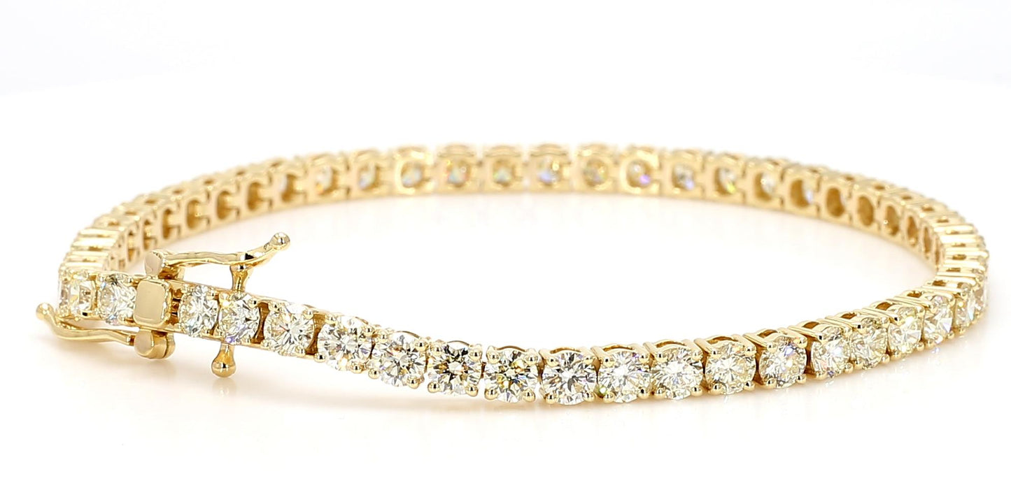Natural White Round Diamond 7.50 Carat TW Yellow Gold Tennis Bracelet