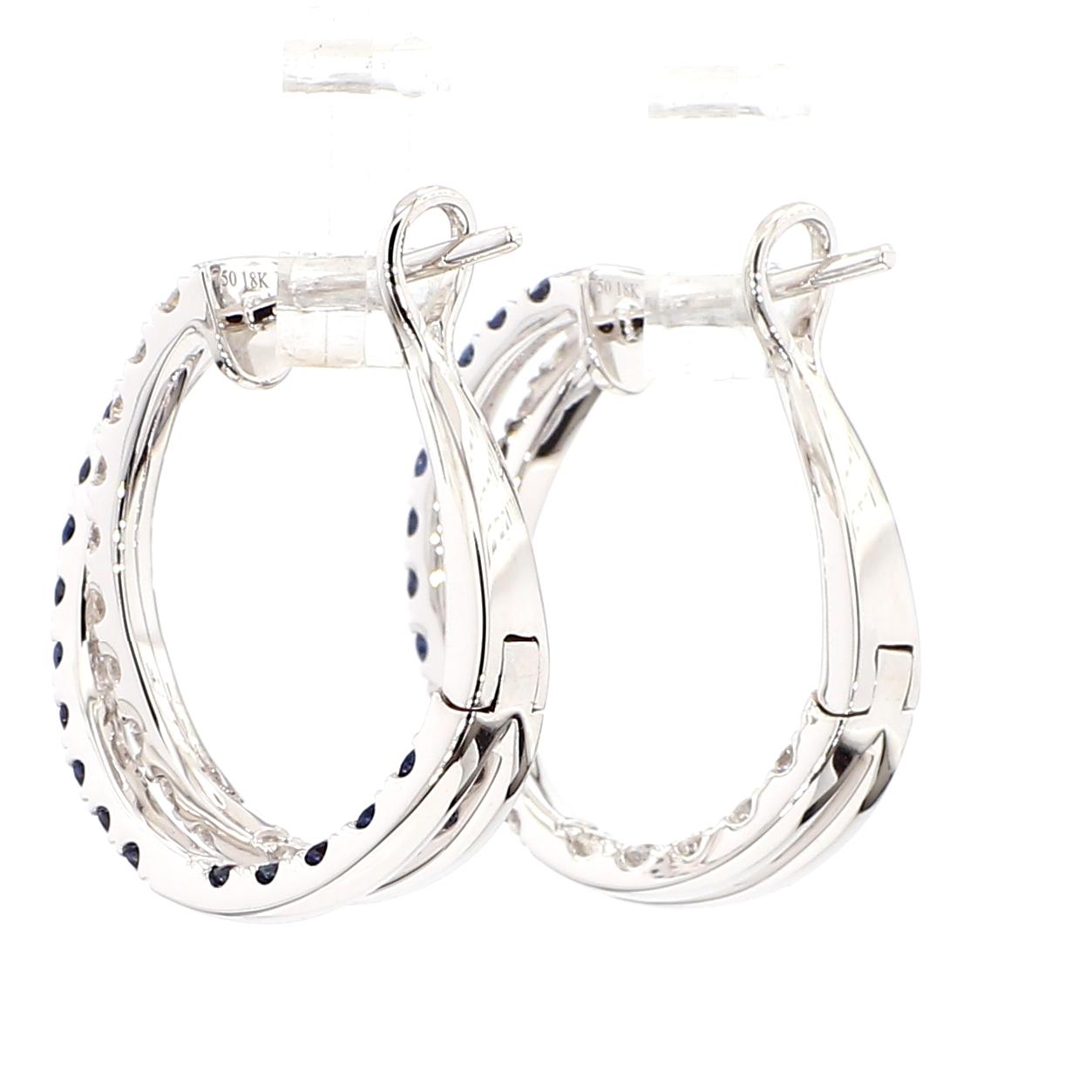 Natural Blue Round Sapphire and Diamond 1.39 Carat TW Gold Hoop Earrings