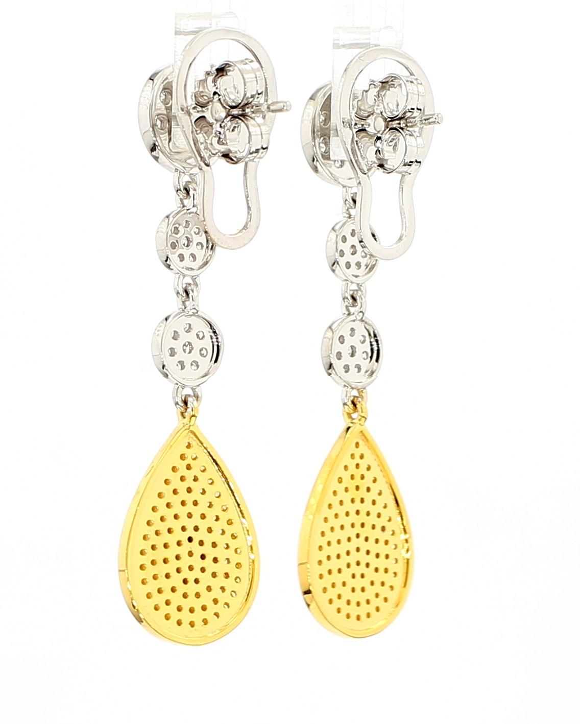 Natural Yellow Round Diamond 1.66 Carat TW Gold Drop Earrings