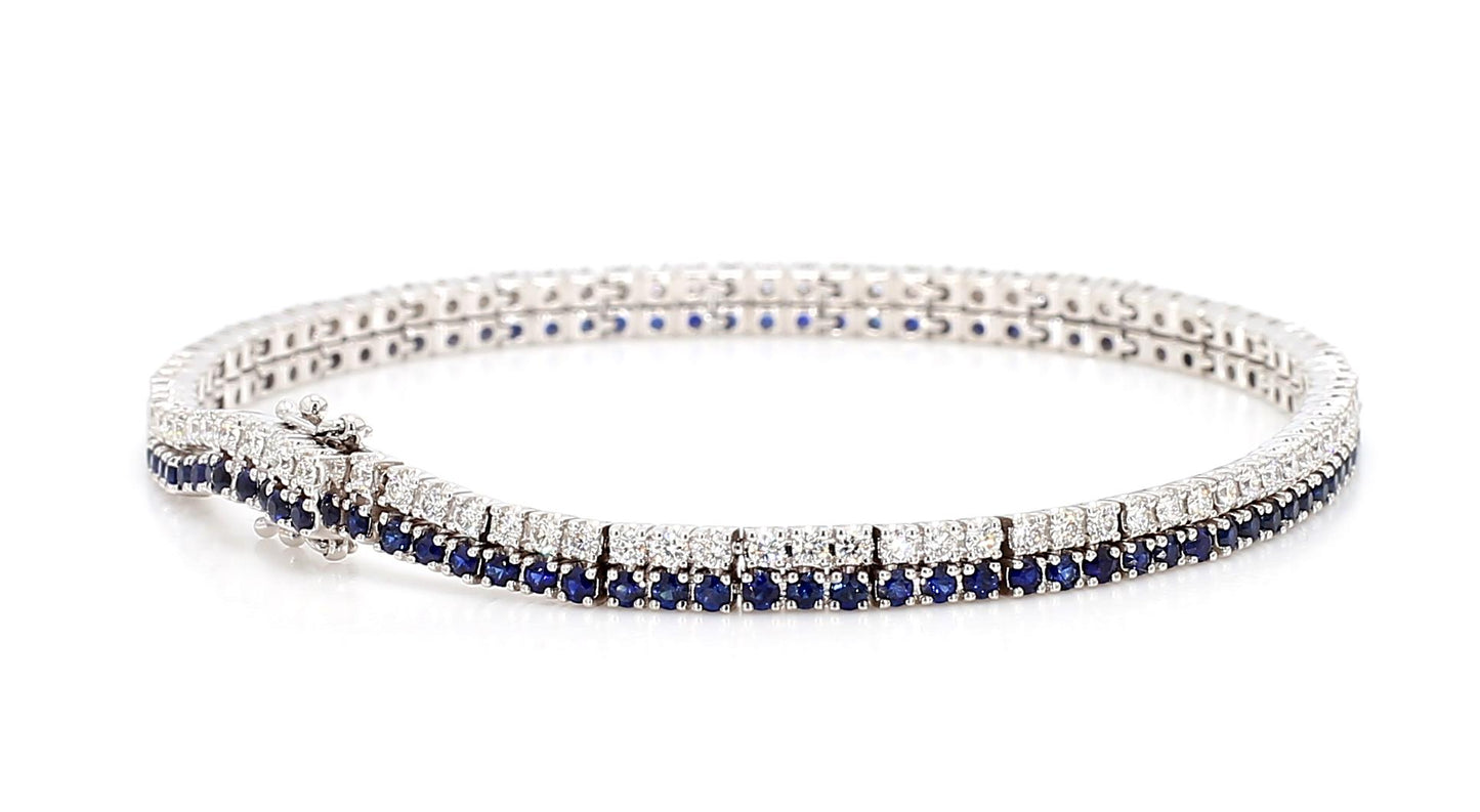 Natural Blue Round Sapphire and White Diamond 3.49 Carat TW Gold Tennis Bracelet
