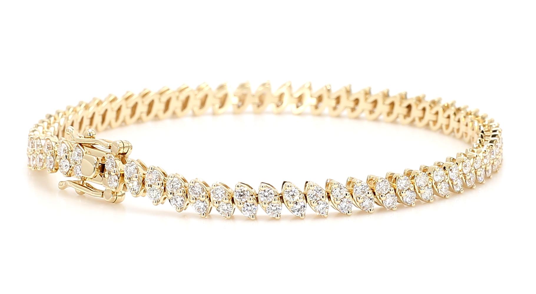 Natural White Round Diamond 3.40 Carat TW Yellow Gold Tennis Bracelet