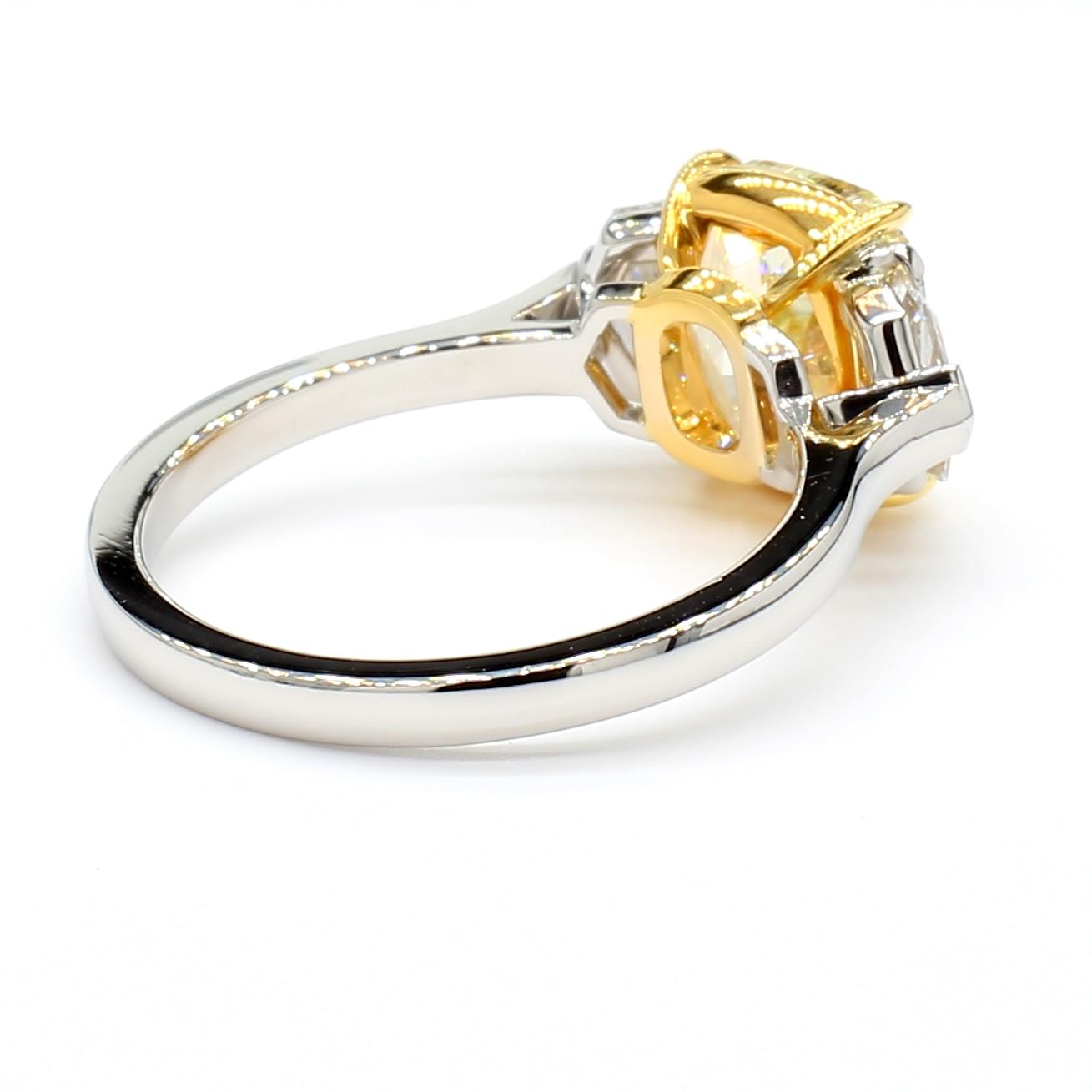 GIA Certified Fancy Light Yellow Cushion Diamond 3.66 Carat TW Platinum Ring