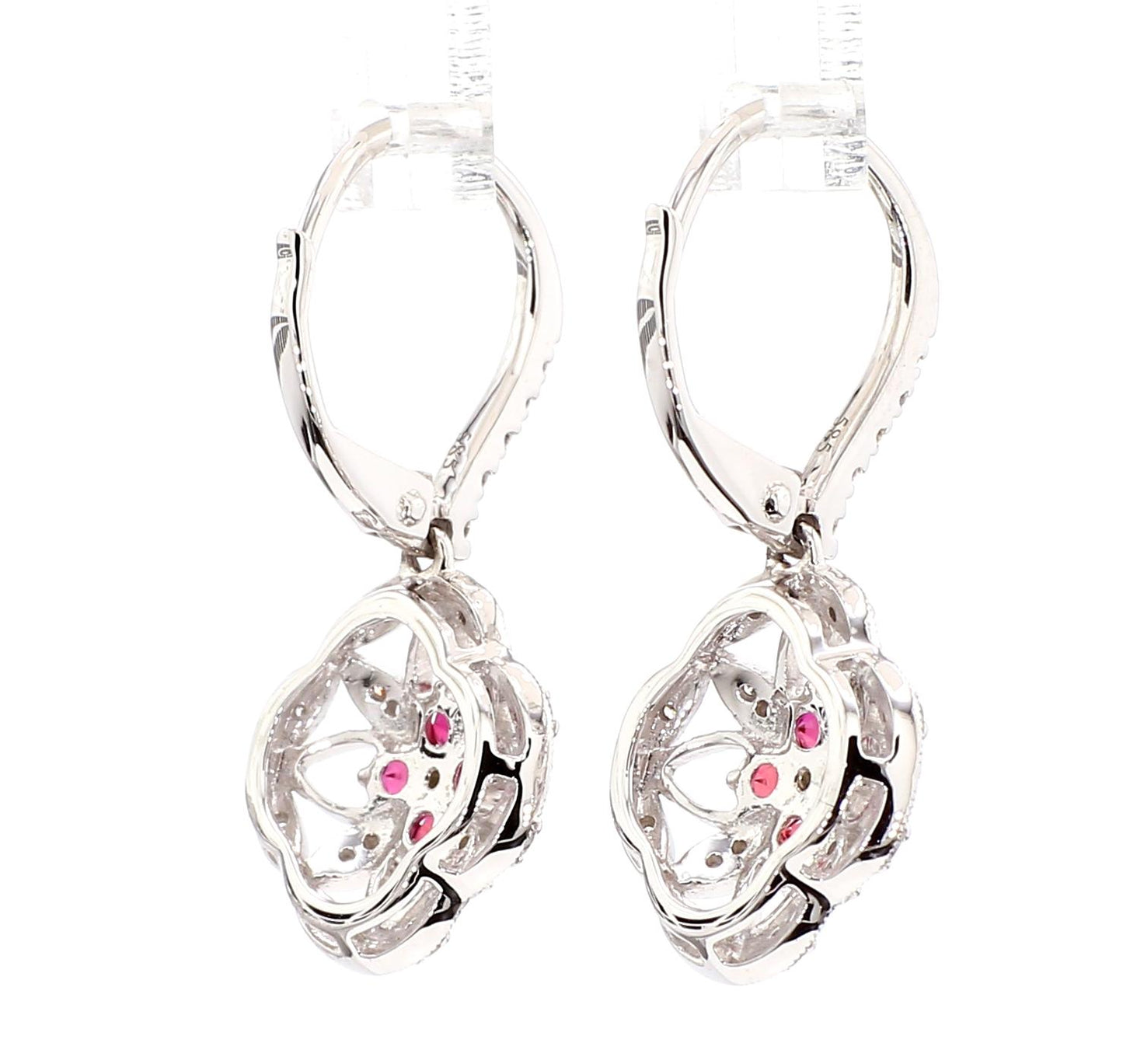 Natural Red Round Ruby and White Diamond 0.79 Carat TW White Gold Drop Earrings