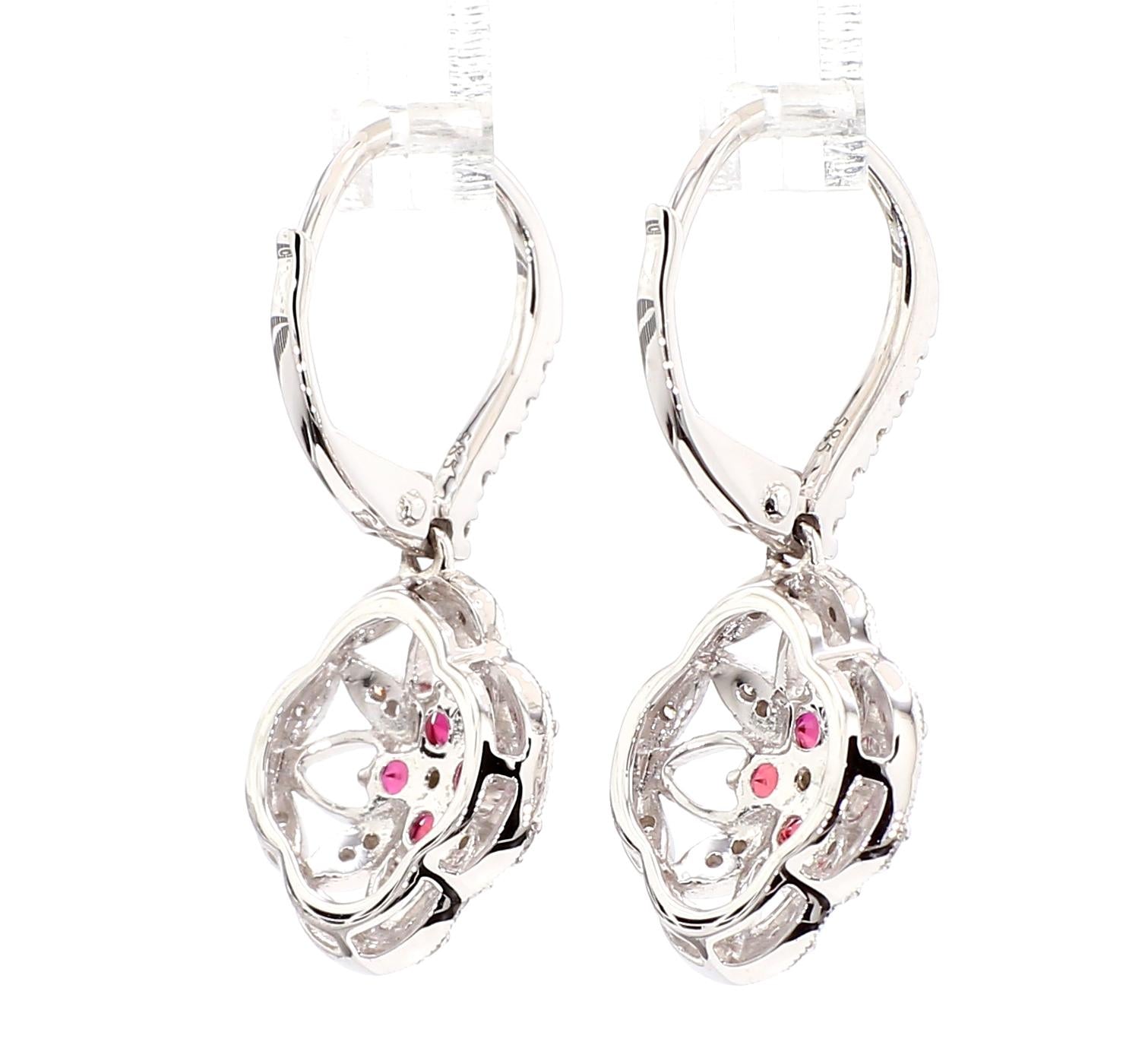 Natural Red Round Ruby and White Diamond 0.79 Carat TW White Gold Drop Earrings