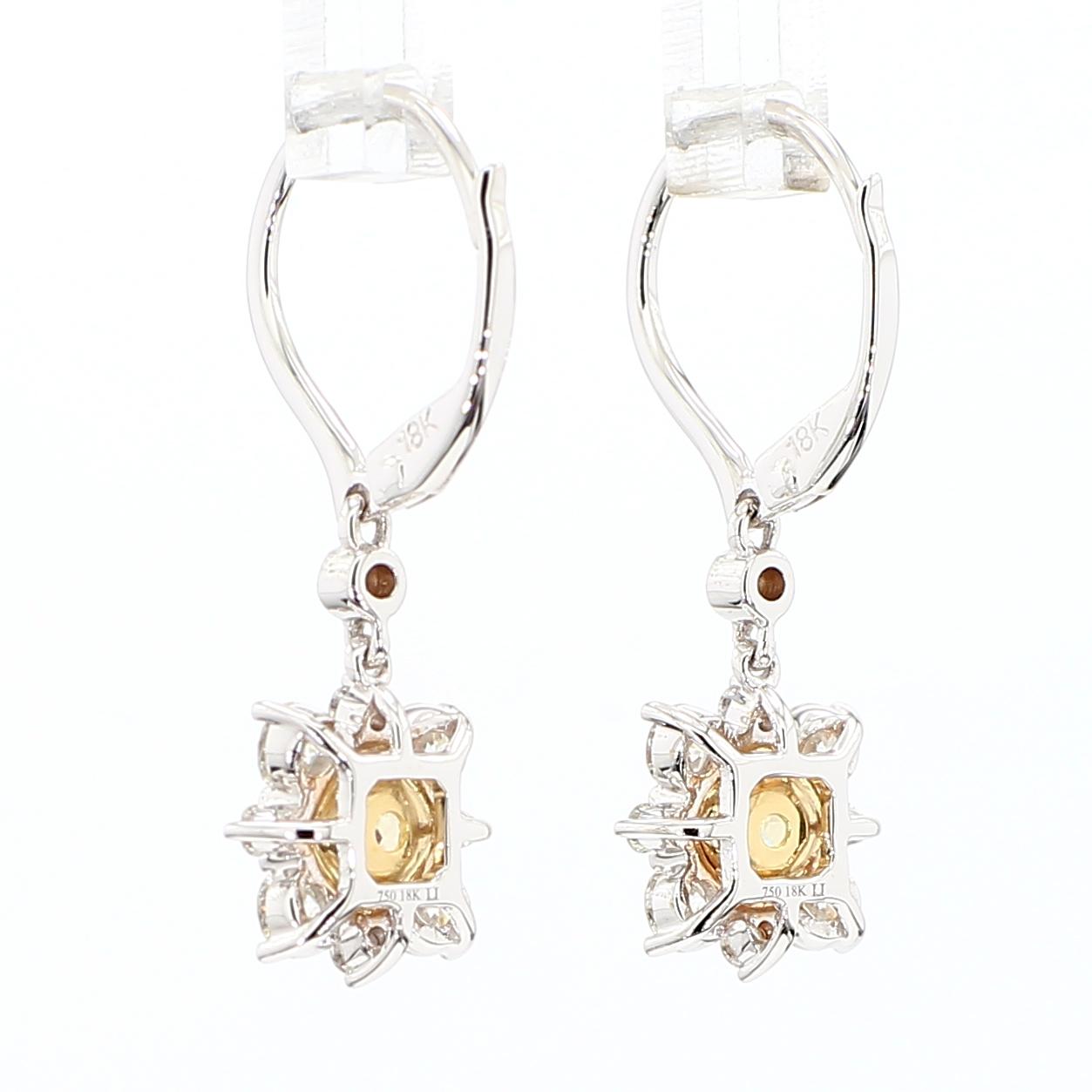 Natural Yellow Cushion Diamond 1.78 Carat TW Gold Drop Earrings