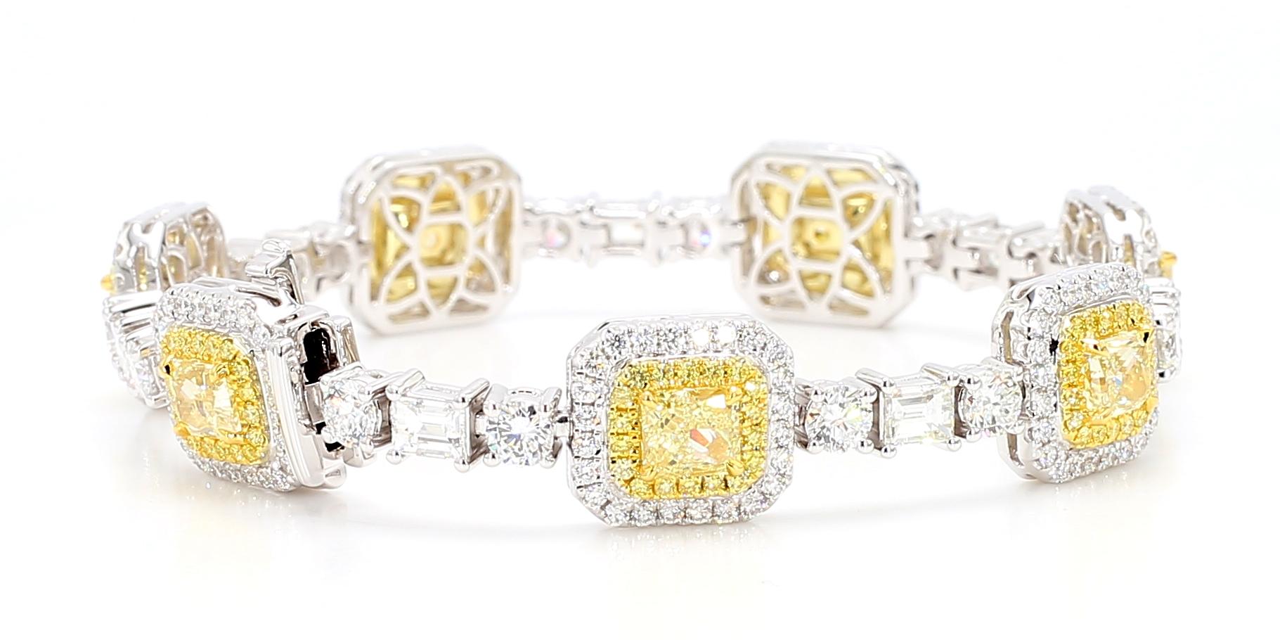 GIA Certified Natural Light Yellow Radiant Diamond 11.21 Carat TW Gold Bracelet