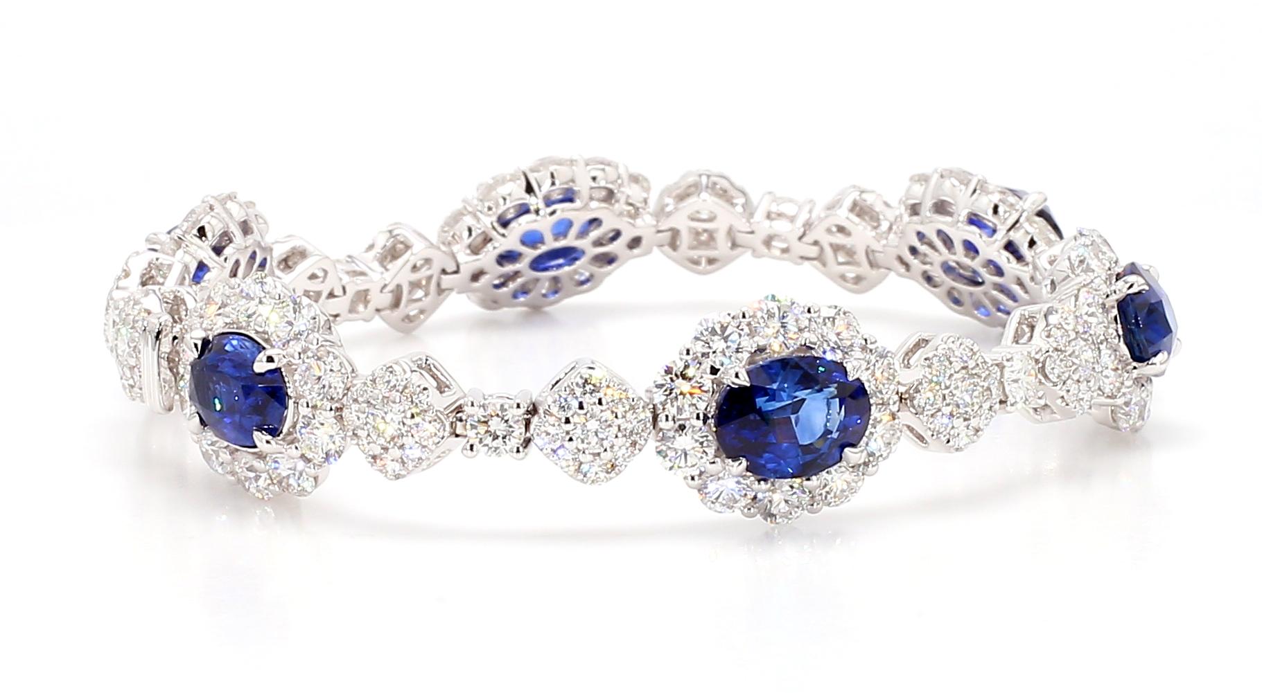 GIA Natural Blue Oval Sapphire and Diamond 21.69 Carat TW Gold Bracelet