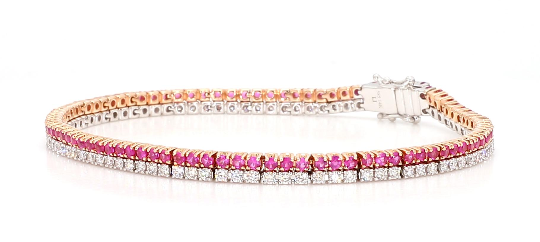 Natural Pink Round Sapphire and White Diamond 3.50 Carat TW Gold Tennis Bracelet